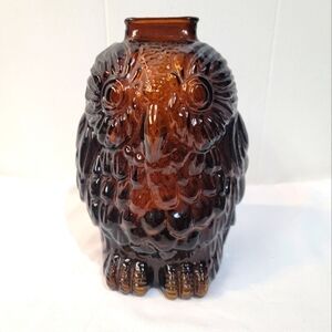 Vintage Embossed Libbey of Canada Wise Old Owl Amber Glass Piggy Bank